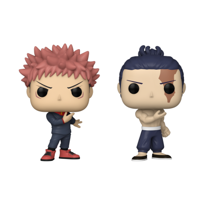 Duas figuras Funko Pop com cabelo rosa e azul, roupas azul e branca, fundo branco