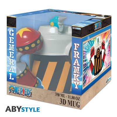 Caneca 3D General Franky do anime One Piece embalada em caixa azul e bege.