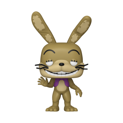 Figura de coelho colecionável castanha clara com laço roxo e textura remendos nas orelhas.