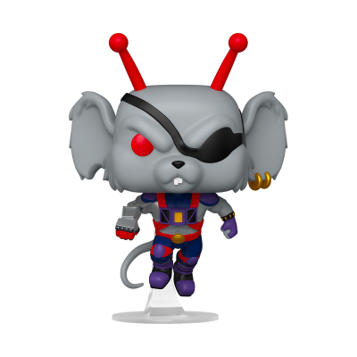 Figura colecionável de rato cinzento com roupa colorida e antenas vermelhas