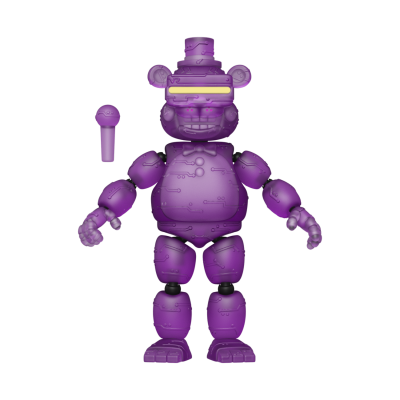 Boneco robótico de urso roxo com visor amarelado e microfone