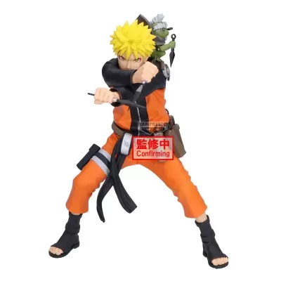 Figura colecionável de Naruto em preto e laranja segurando kunai com boneco verde nas costas