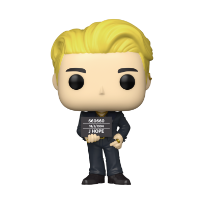 Figura Pop Funko com cabelo amarelo e roupa preta segurando placa com texto