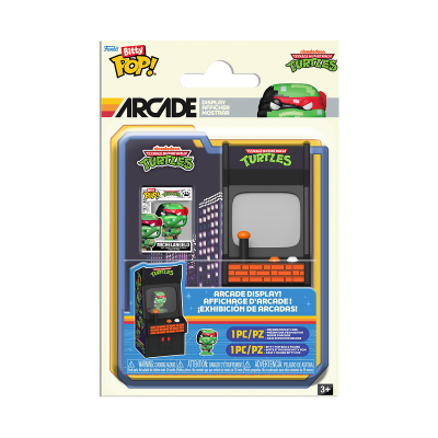 Embalagem Funko Pop Bitty Arcade Teenage Mutant Ninja Turtles com figura de Michelangelo e as palavras ARCADE DISPLAY