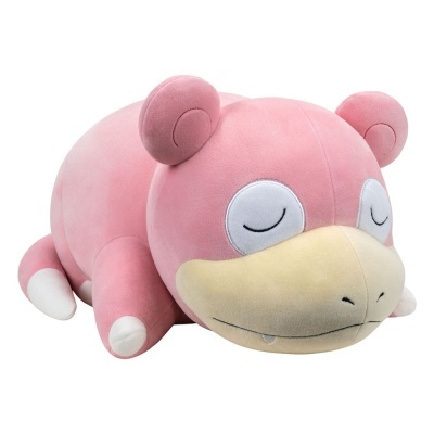Pelúcia rosa da personagem Slowpoke com olhos fechados e focinho amarelo.