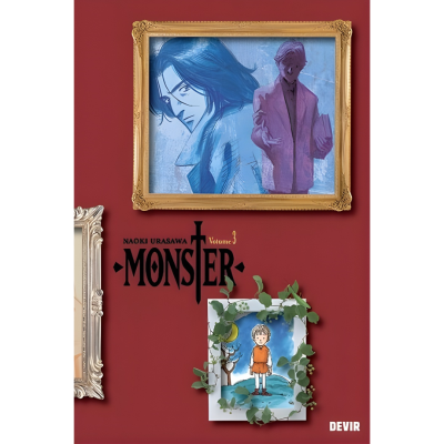 Capa de livro Monster Volume 3 com ilustrações azuis e laranja em molduras sobre fundo vermelho