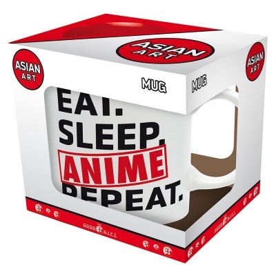 Caneca branca com texto 'EAT. SLEEP. ANIME. REPEAT.' embalada numa caixa ASIAN ART