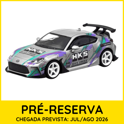 Miniatura de carro desportivo prateado com detalhes coloridos e inscrições HKS