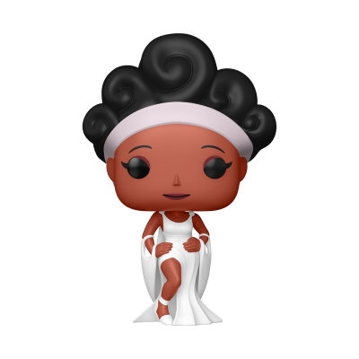 Figura Funko Pop de mulher com vestido branco e cabelo volumoso preto