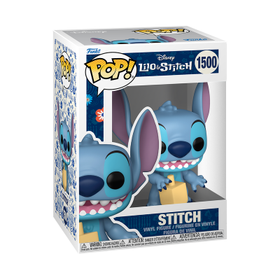 Figura Funko Pop! Stitch azul em caixa branca com detalhes azuis e texto STITCH
