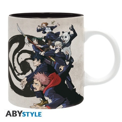 Caneca de cerâmica com personagens de anime coloridos e fundo espiral preto
