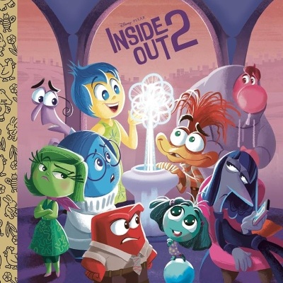 Capa de livro infantil Disney PIXAR Inside Out 2 com personagens animados coloridos em sala roxa