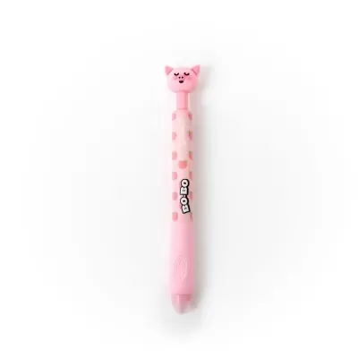 Caneta cor de rosa com decoração de frutas e cabeça de gato no topo
