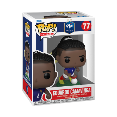 Boneco Funko Pop! Eduardo Camavinga com uniforme da França dentro da caixa