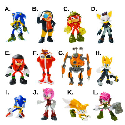 Doze bonecos coloridos de personagens de desenho animado com letras de A a L, em fundo branco.