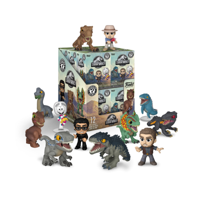 Figuras colecionáveis de Jurassic Park com dinossauros, personagens e caixa ilustrada