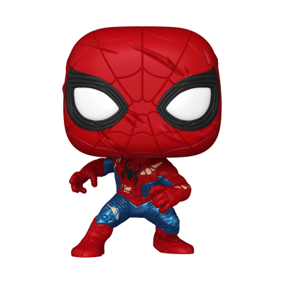 Funko Pop Homem-Aranha vermelho e azul com teia preta e detalhes rasgados