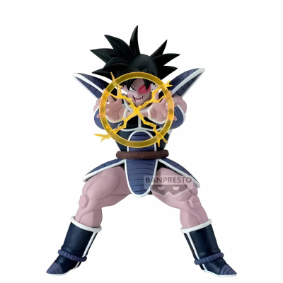 Figura de ação anime com cabelo preto, roupa azul e armação dourada