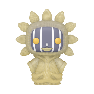 Figura colecionável Funko Pop com corpo amarelo claro e rosto cinza com riscas