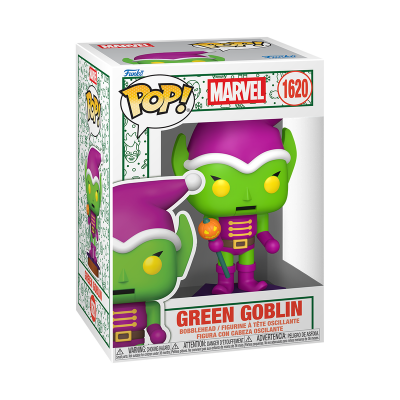 Figura colecionável Pop! Marvel Green Goblin com cabeça oscilante em embalagem branca colorida