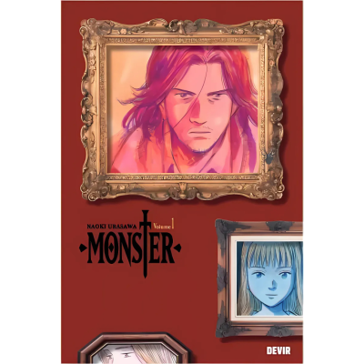 Capa de livro Volume 1 de MONSTER com molduras e desenhos de personagens em várias cores