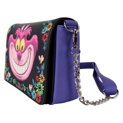 Bolsa de ombro roxa com estampa colorida do Gato de Cheshire e correia de corrente prateada