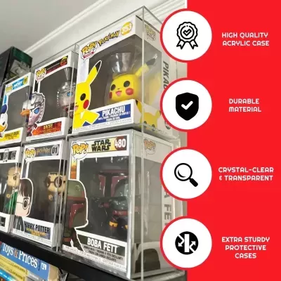 Bonecos Funko Pop na embalagem em plástico transparente numa prateleira