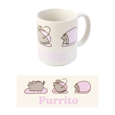 Caneca branca com ilustrações de gato cinza e texto 'Purrito'