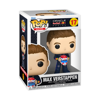Figura vinil Max Verstappen Funko Pop! em embalagem com janela, segurando capacete colorido.