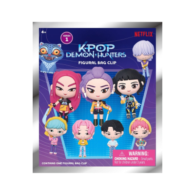 embalagem de brinquedos K-POP DEMON HUNTERS com personagens em cores variadas e aviso de perigo