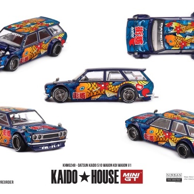 Miniatura de carro Datsun Kaido 510 Wagon com decoração de carpas koi em várias vistas