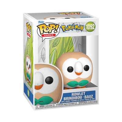 Figura Pop! Games de vinil do Pokémon Rowlet na caixa