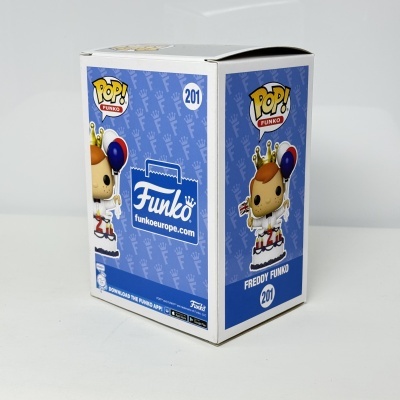 Caixa de Funko Pop! azul e branca com imagem de Freddy Funko número 201