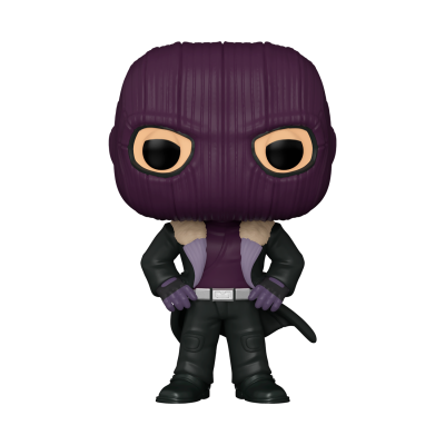 Figura Funko Pop de personagem com capacete roxo e roupa preta