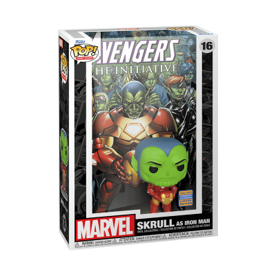 Funko Pop! Marvel Avengers Skrull como Homem de Ferro em caixa com fundo ilustrado