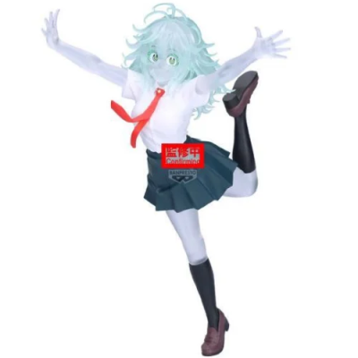 Figura de personagem feminina com pele azul, cabelo azul, camisa branca, gravata vermelha e saia azul escura em pose dinâmica