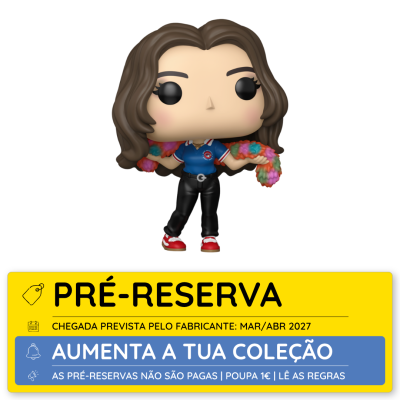 Figura Funko Pop de personagem com camisa azul, calças pretas, sapatilhas vermelhas, com coroas de flores coloridas.