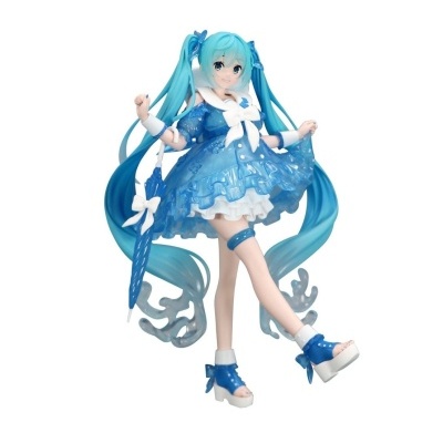 Figura colecionável anime com vestido azul e cabelo comprido azul