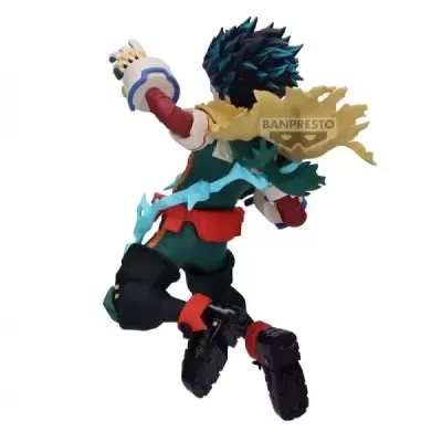 Figura de ação de personagem com cabelo azul e roupa colorida em pose dinâmica