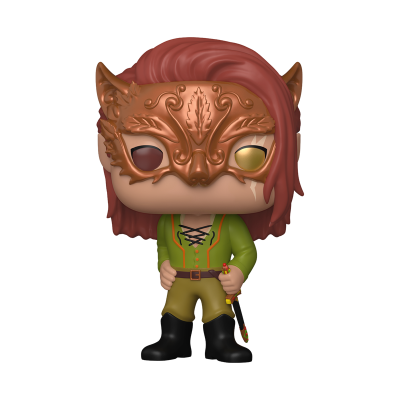 Figura Funko Pop com máscara castanha, cabelo ruivo e roupas verdes e castanhas