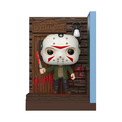 Figura de vinil do Jason com máscara e faca em frente à cabana com placa CAMP CRYSTAL LAKE