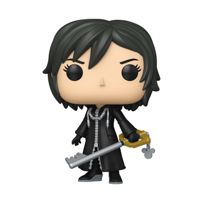 Funko Pop com cabelo preto, roupa preta e chave prateada e dourada