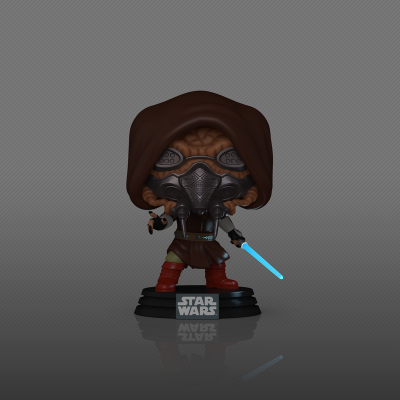 Figurina Star Wars tipo Funko Pop com capuz castanho e sabre de luz azul