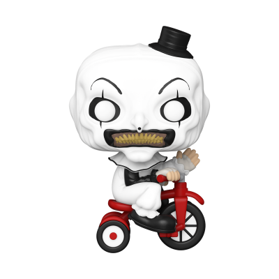 Figura de vinil Funko Pop branca com cara assustadora, bigode preto e dentes dourados em triciclo vermelho