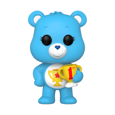 Figura Funko Pop de urso azul segurando troféu amarelo com inscrição '1 ST'.
