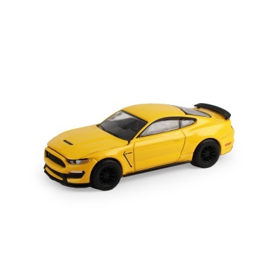 Miniatura de carro desportivo amarelo com spoiler preto e jantes negras