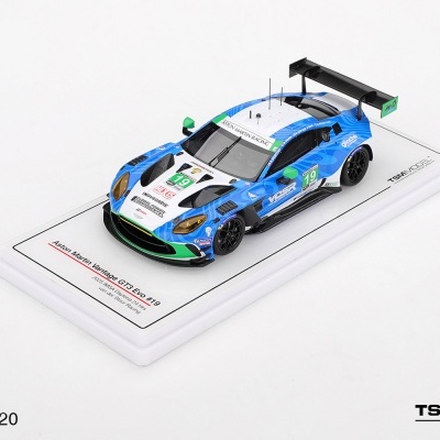 Miniatura carro corrida Aston Martin Vantage GT3 EVO #19 azul e branco em base branca