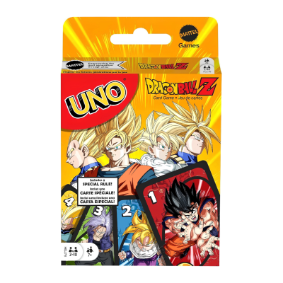 Jogo de cartas UNO Dragon Ball Z com embalagem amarela e vermelha e texto de regra especial