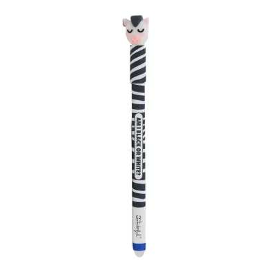 Caneta preta e branca com tampa de zebra e texto impresso.