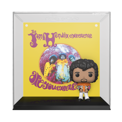 Funko Pop de Jimi Hendrix com fundo da capa do álbum Are You Experienced